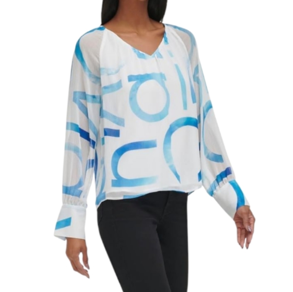 NWT Calvin Klein Graphic Blue and White Blouse, XLARGE